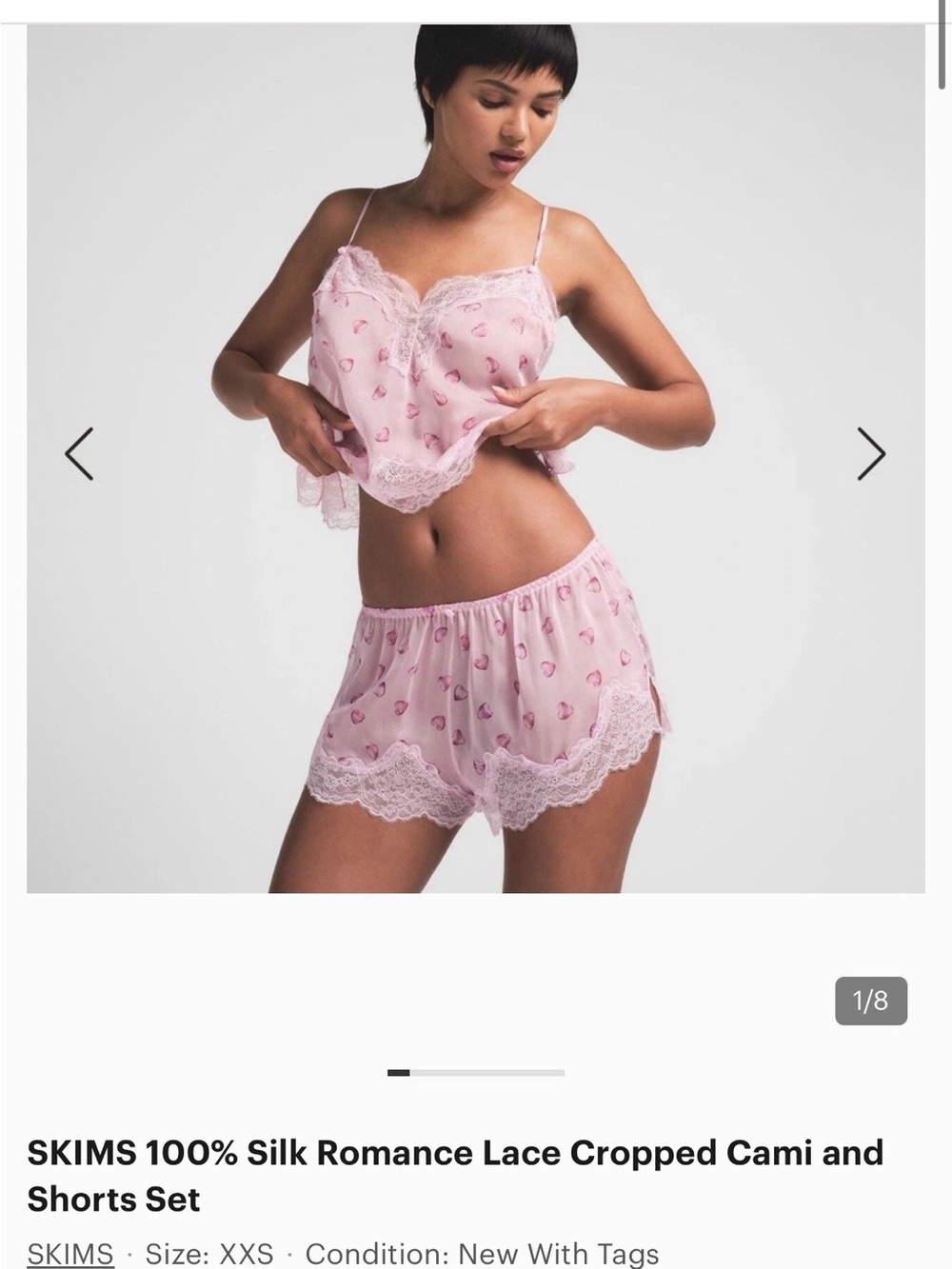 SKIMS Pink Silk Romance Lace Cropped Cami & Shorts Set